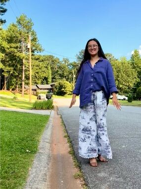 PRE-OWNED Umgee Two-Toned Toile Landscape Print Pull-On Scalloped-Trim Pant S